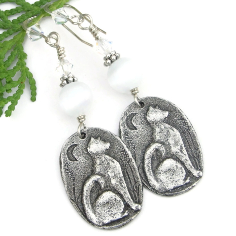 handmade moon cat earrings glass cats eyes glass beads swarovski crystals