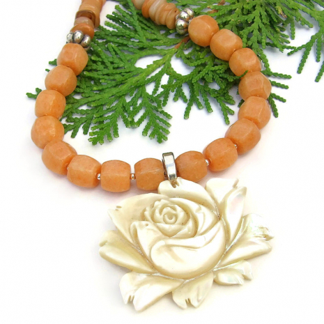 handmade mother of pearl rose flower necklace peach calcite shell jewelry gift