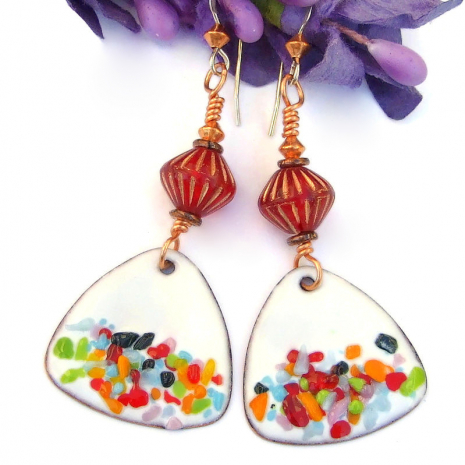 handmade multi color confetti boho earrings red czech glass
