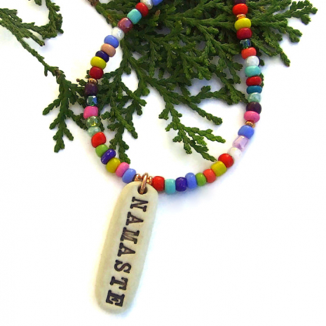 handmade namaste pendant jewelry with multi color african christmas beads