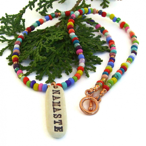 handmade namaste pendant necklace with multi color african christmas beads