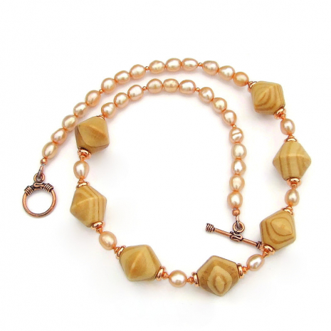 handmade natural wood necklace pearls copper jewelry gift
