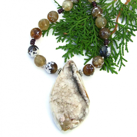 handmade necklace druzy agate brown fire agate red garnet