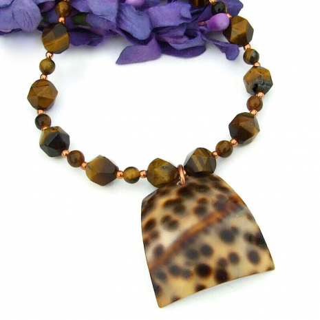handmade necklace spotted tiger cowrie shell golden tigers eye