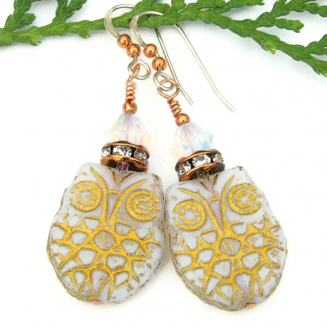 handmade owl earrings opal glass crystals jewelry gift