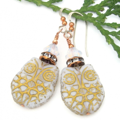 handmade owl jewelry opal glass crystals earrings gift
