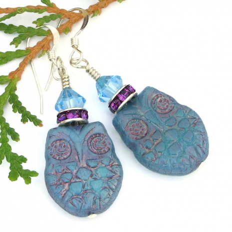 handmade owl lover jewelry opal blue amethyst purple Swarovski crystals gift