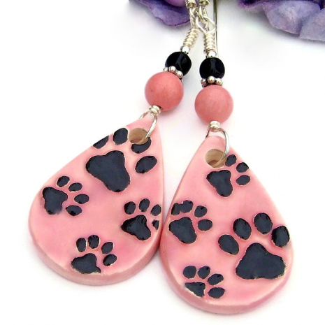 handmade paw print dog lover earrings pink black ceramic