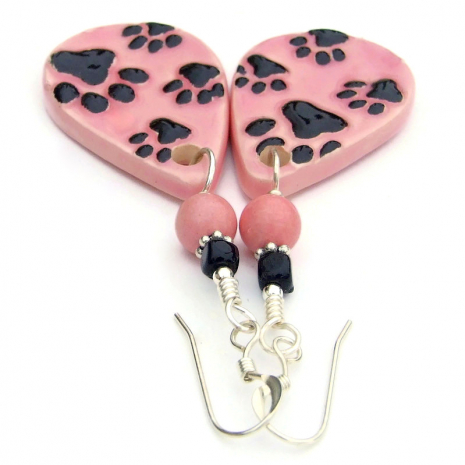 handmade paw print dog lover jewelry pink black ceramic