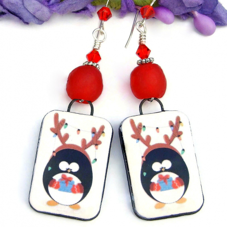 handmade penguin christmas earrings recycled red glass swarovski crystals