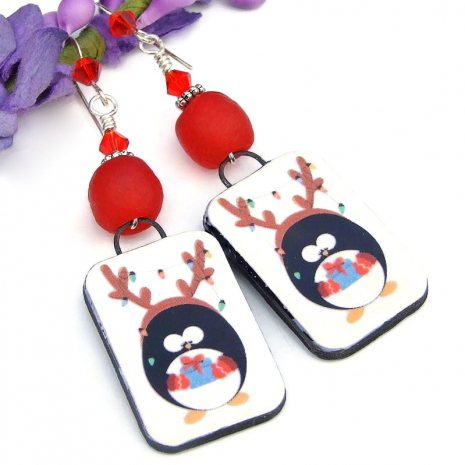 handmade penguin christmas jewelry recycled red glass swarovski crystals