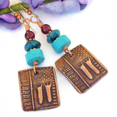handmade petroglyph earrings ancient shaman copper turquoise red garnet