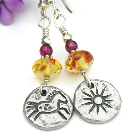 handmade petroglyph horses suns jewelry amber red garnet