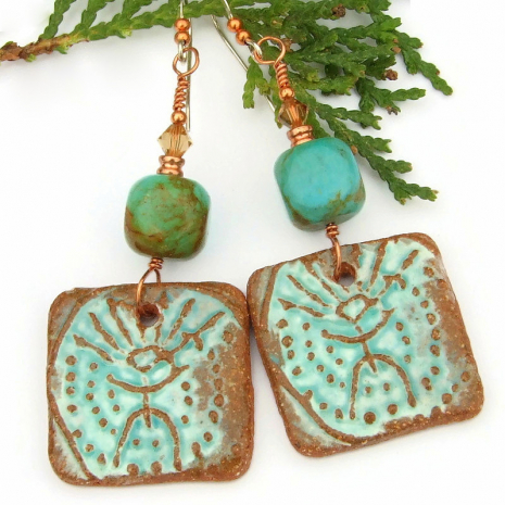 handmade petroglyph shaman ceramic earrings real turquoise swarovski crystals