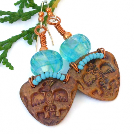 handmade phoenix thunderbird earrings native american aqua copper jewelry