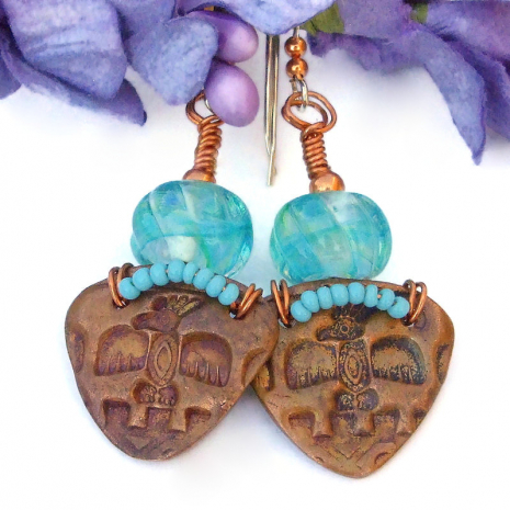 handmade phoenix thunderbird jewelry native american aqua copper earrings