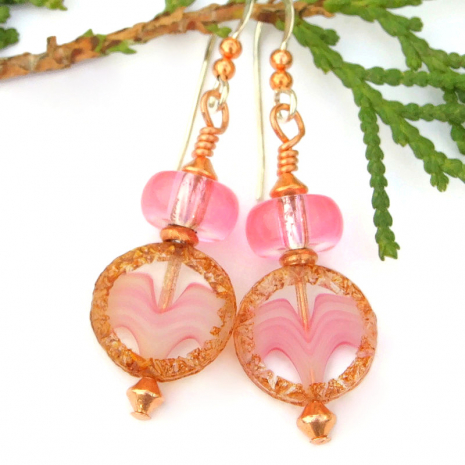 handmade pink brown wave earrings czech glass mothers day