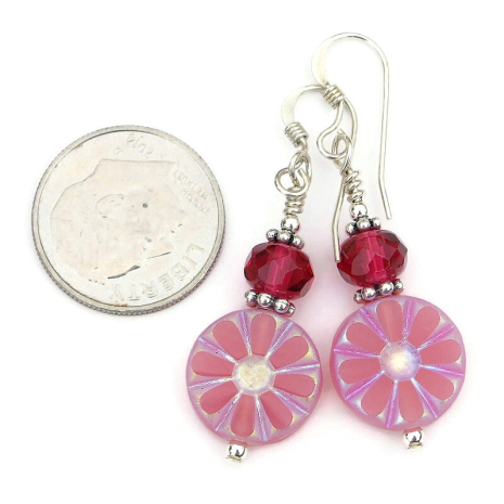 handmade pink daisy flowers jewelry czech glass raspberry red
