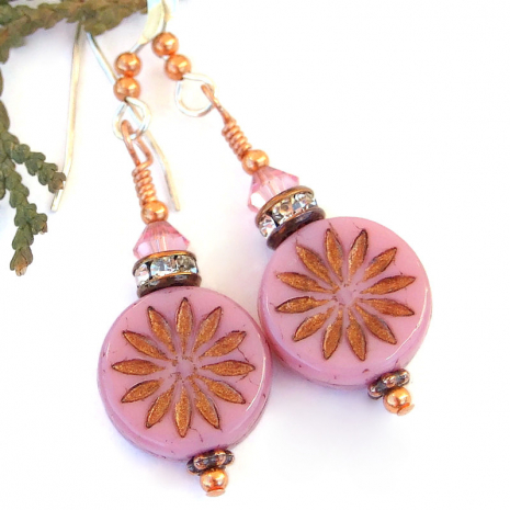 handmade pink flower earrings bronze copper Swarovski crystals