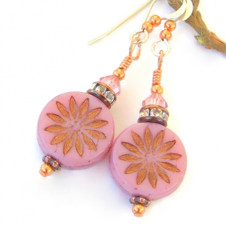 handmade pink flower jewelry bronze copper Swarovski crystals