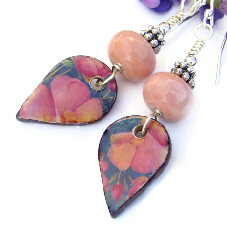 handmade pink flowers floral earrings ceramic lampwork