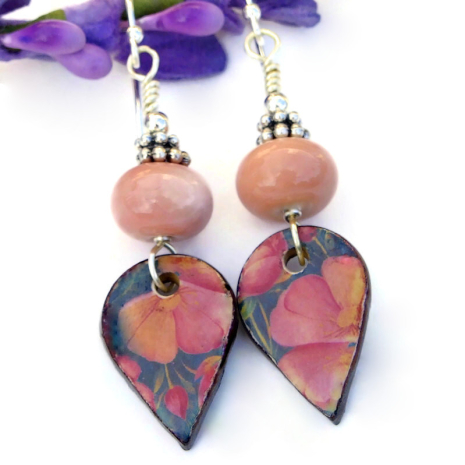 handmade pink flowers floral jewelry ceramic lampwork