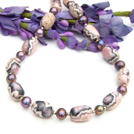 handmade pink rhodochrosite peacock pearls necklace sterling silver gemstones