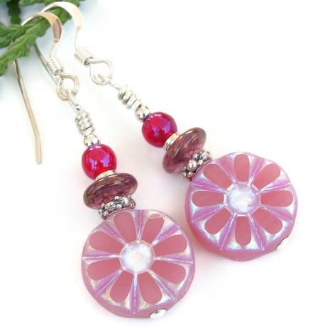 handmade pink silver flower daisy earrings purple red