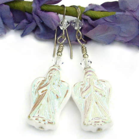 handmade praying angels earrings czech glass swarovski crystals