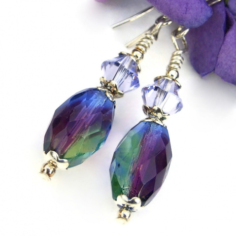 handmade purple green blue faceted earrings swarovski crystals