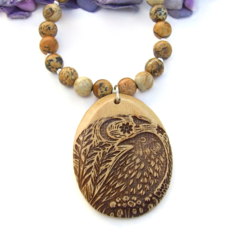 handmade raven crow jewelry wood burn pendant picture jasper