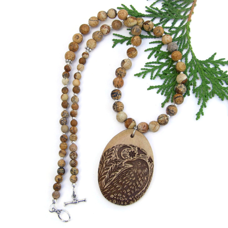 handmade raven crow necklace wood burn pendant picture jasper