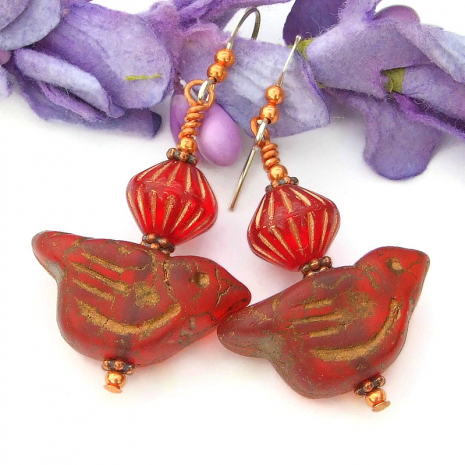 handmade red bird earrings czech glass