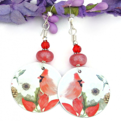 handmade red cardinal christmas earrings holiday lampwork