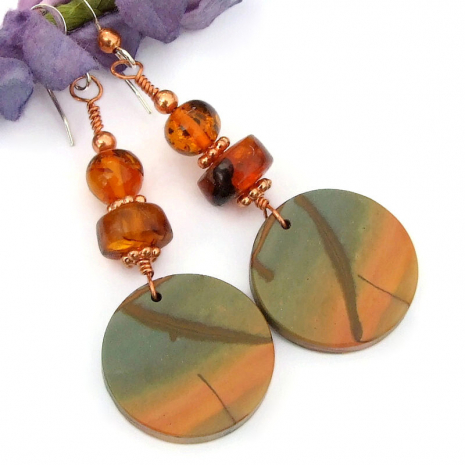 handmade red creek jasper amber earrings gemstones copper