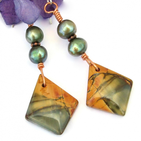 handmade red creek jasper green pearls earrings jewelry gift