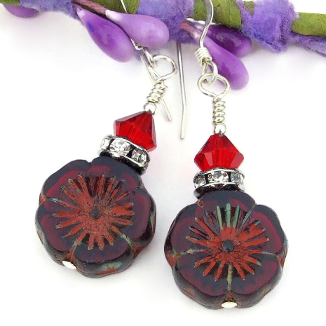 handmade red flower earrings czech glass swarovski crystals