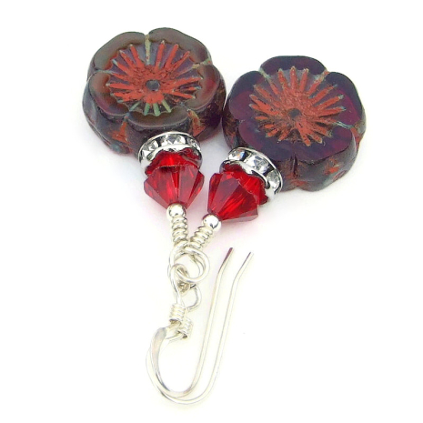 handmade red flower jewelry czech glass swarovski crystals