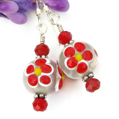 handmade red flower lampwork jewelry Czech glass sterling silver
