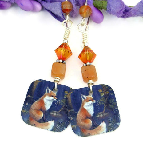 handmade red fox earrings peach aventurine swarovski crystals