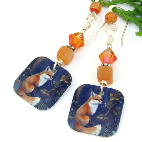 handmade red fox earrings peach aventurine swarovski lightweight jewelry