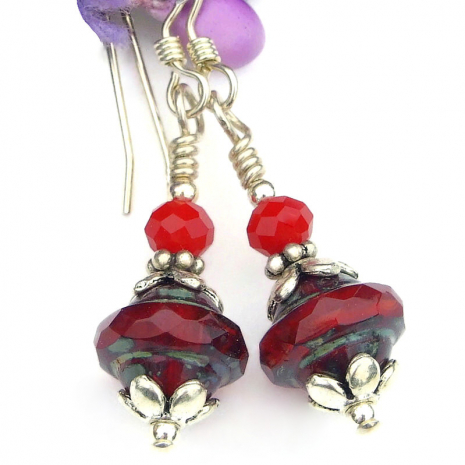 handmade red glass Saturn earrings small jewelry faceted silver flower petals