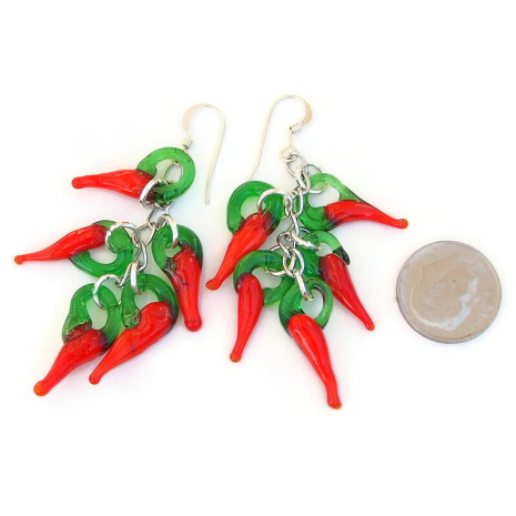handmade red green chile ristra earrings lampwork glass silver