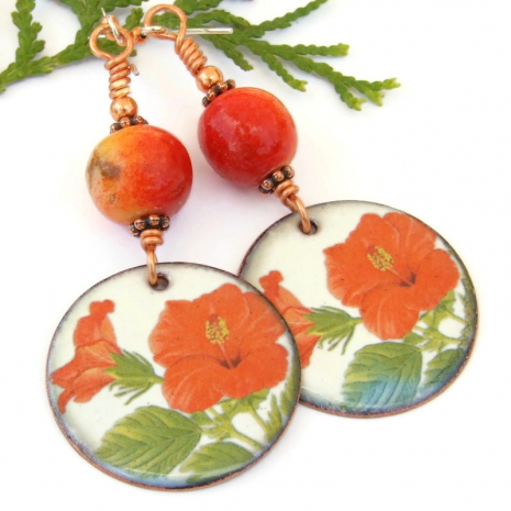 handmade red hibiscus tropical flower earrings apple limestone coral copper