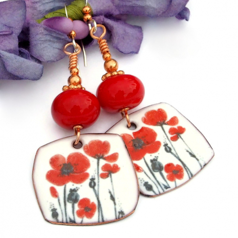 handmade red poppy on white earrings red lampwork glass copper