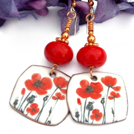 handmade red poppy on white jewelry red lampwork glass copper