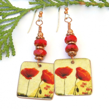 handmade red poppy poppies yellow copper dangle earrings red czech glass