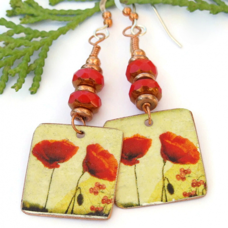 handmade red poppy poppies yellow copper dangle jewelry red czech glass