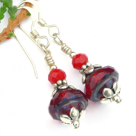 handmade red silver czech glass Saturn earrings faceted flower bead caps