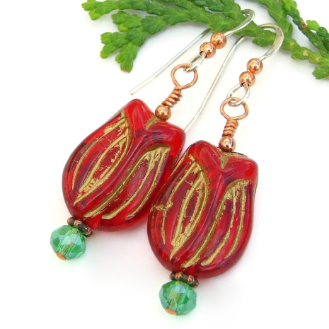 handmade red tulips flowers earrings green stem czech glass